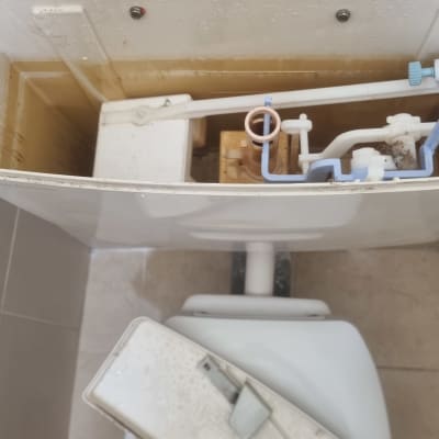 מיכל הדחה פתוח עם מנגנון פנימי חשוף