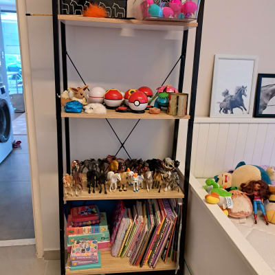 מדף עם צעצועים, ספרים וקופסאות אחסון