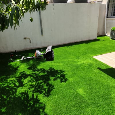 מגרפה על דשא סינטטי בחצר עם עצים