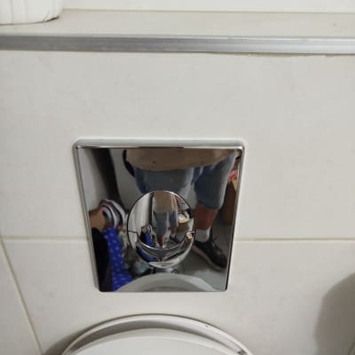 לחצן הדחה בשירותים עם השתקפות של אדם