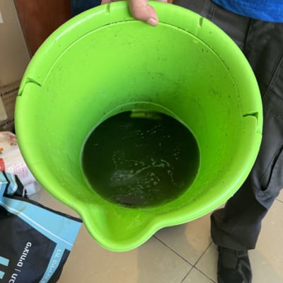 דלי ירוק עם מים מלוכלכים מתחת למזגן