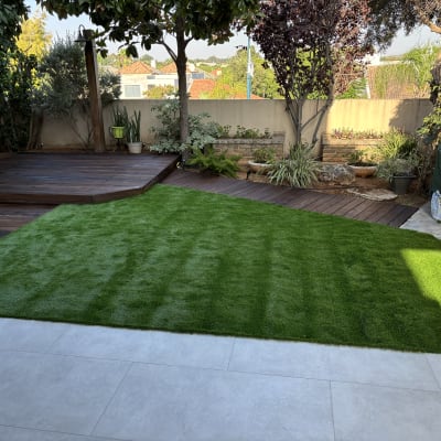 דשא ירוק, עציצים ועצים בגינה מטופחת