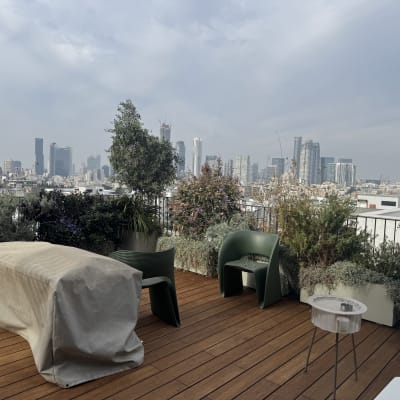 מרפסת עץ עם כיסאות ירוקים וצמחייה