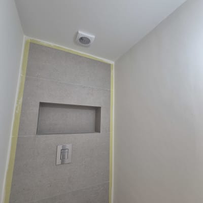 חדר שירותים עם קיר צבוע ומאוורר תקרה