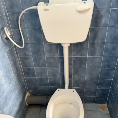 אסלה ומיכל הדחה בחדר אמבטיה עם אריחים כחולים