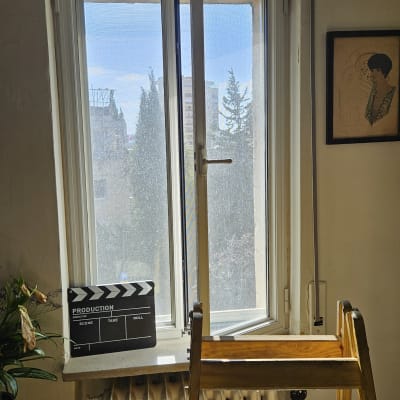 חלון פתוח עם תריסים וסולם עץ לידו