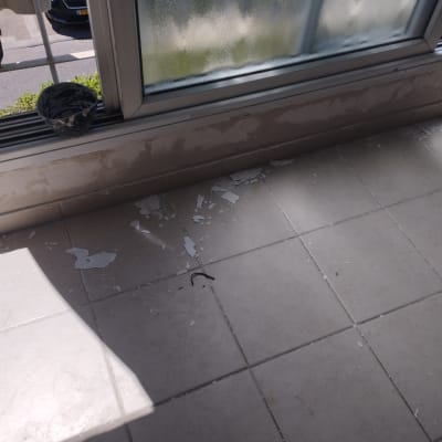 קערה עם צבע על אדן חלון, שאריות צבע על הרצפה