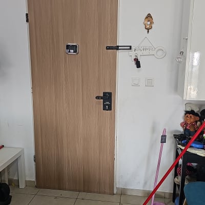 דלת עץ עם מנעול דיגיטלי ובריח מתכת