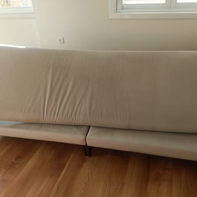 ספה בהירה בחדר עם רצפת עץ