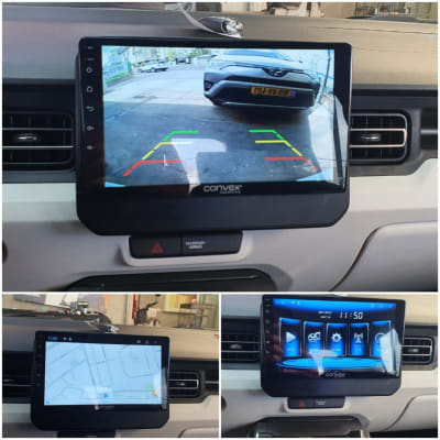 מסך רכב מציג מצלמת רוורס, ניווט וממשק מולטימדיה