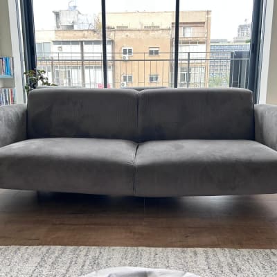 ספה אפורה עם ריפוד קטיפתי על רצפת עץ