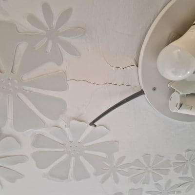 תקרה עם סדקים, מנורה ופרחים דקורטיביים