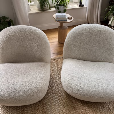 שני כיסאות על שטיח עם צמחים ברקע