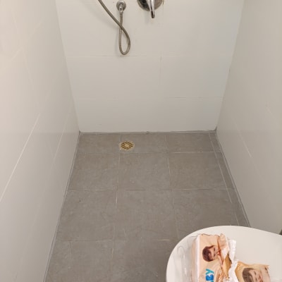 מקלחת עם ראש מקלחת וצינור, אריזות מגבונים על שולחן