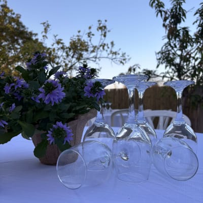 כוסות יין הפוכות על שולחן לבן באירוע חוץ