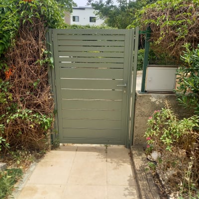 שער מתכת ירוק עם צמחייה מסביב