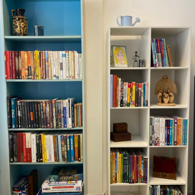 שתי כונניות ספרים עם ספרים ומשחקי קופסה