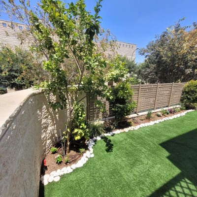 עצים ושיחים בגינה עם דשא מלאכותי ואבנים לבנות