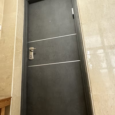 דלת מתכת אפורה עם ידית כסופה ופסים אופקיים