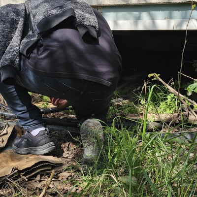 אדם בודק צינורות ליד מבנה, מוקף בצמחייה