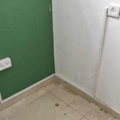 שקעי חשמל על קיר ירוק ולבן עם סולם עץ