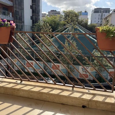 מעקה מתכת עם עציצים תלויים בצדדים