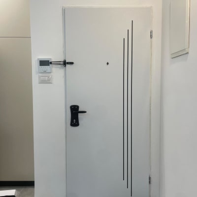 דלת לבנה עם ידית שחורה וקווים דקורטיביים