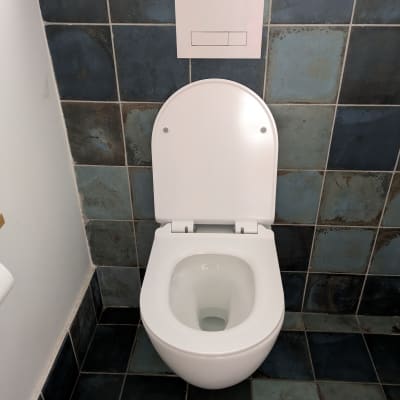 אסלה תלויה לבנה עם ניאגרה סמויה ולחצן הדחה על קיר אריחים כחול