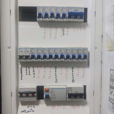 לוח חשמל עם מפסקים וכיתוב בעברית