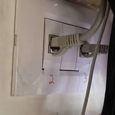 שני כבלי רשת מחוברים לשקעי קיר ממוספרים