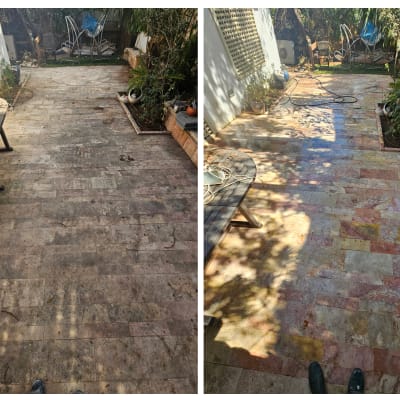 לפני ואחרי ניקוי מרפסת עם רצפת אבן
