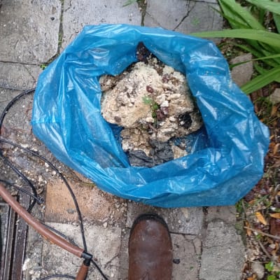 שקית כחולה עם פסולת בנייה על רצפה רטובה