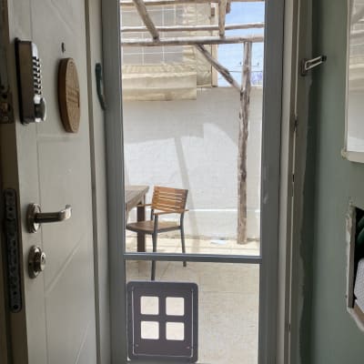 דלת אלומיניום עם חלון רשת ופתח לחיות מחמד