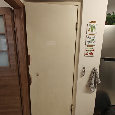 דלת עם סימני צבע מתקלף ותיקונים בצדדים