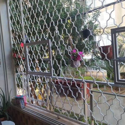 סורגי מתכת עם עציצים תלויים עליהם