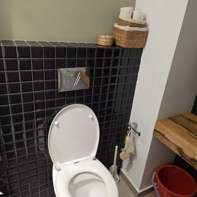 אסלה, מברשת ניקוי ודלי בחדר אמבטיה