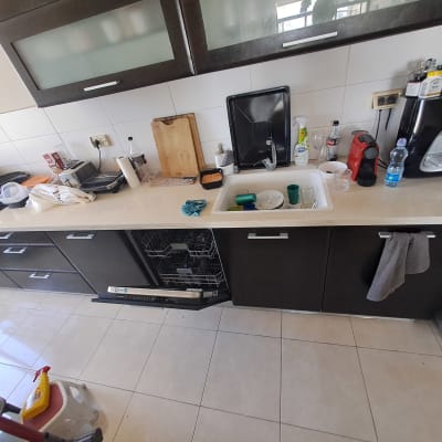 מטבח עם כיור, מדיח כלים פתוח ומכשירי חשמל