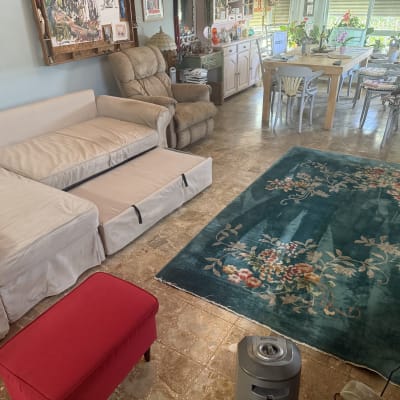 ספה וחדר מגורים עם שטיח צבעוני