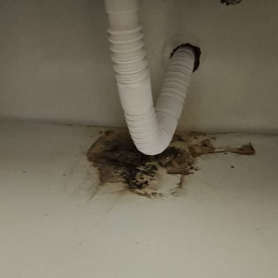 צינור פלסטיק מתחת לכיור עם סימני רטיבות