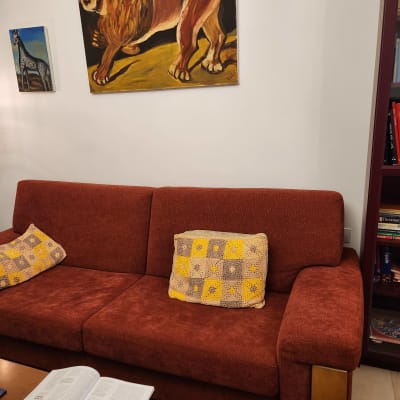 כריות מרובעות עם דוגמת טלאים על ספה אדומה