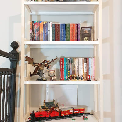 מדף ספרים עם דגמי לגו וצעצועים