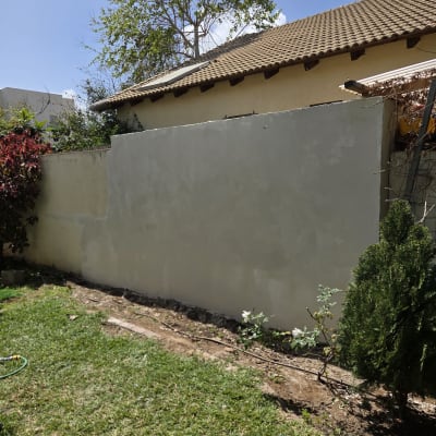 קיר חיצוני צבוע עם גינה קטנה ועץ ברקע