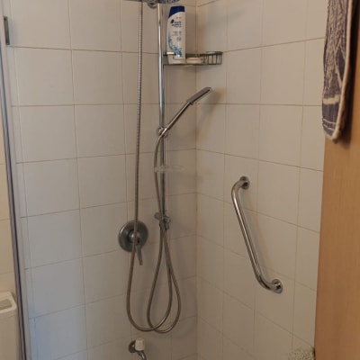 מקלחת עם ראש מקלחת, צינור ומעקה אחיזה