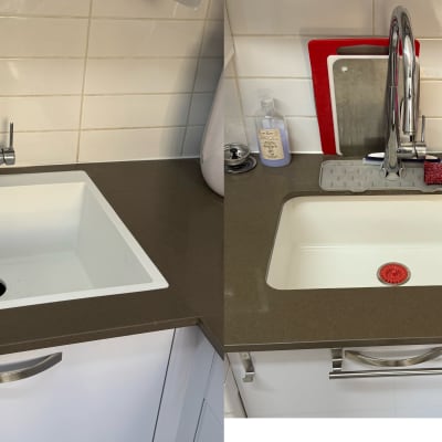 כיור מטבח עם משטח עבודה חום וברז נירוסטה