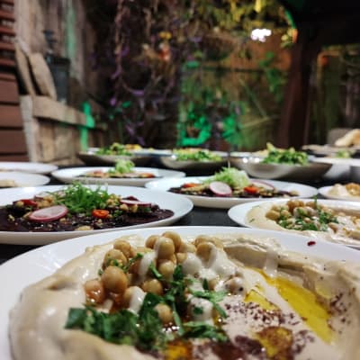 צלחות חומוס עם גרגרים, טחינה ושמן זית