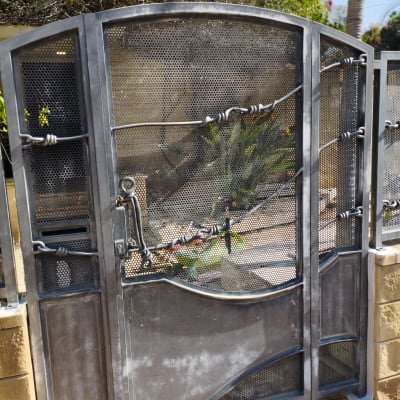 שער מתכת עם עיטורים ודלת רשת