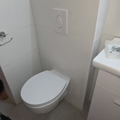 אסלה תלויה עם לחצן הדחה על קיר לבן