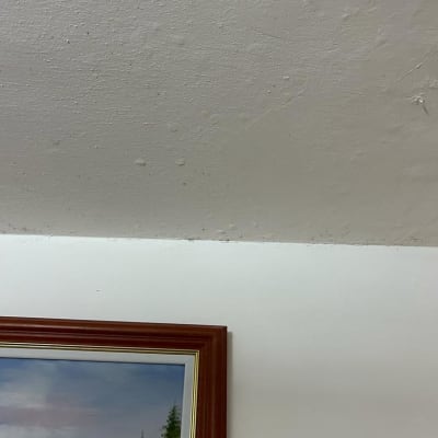 תקרה עם סימני רטיבות מעל תמונה ממוסגרת