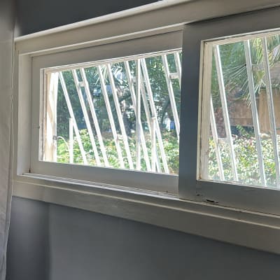 חלון זכוכית עם סורגים ונוף חיצוני ירוק