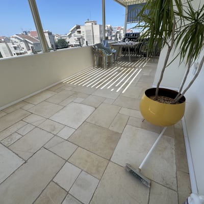 מטאטא על מרפסת עם עציץ גדול